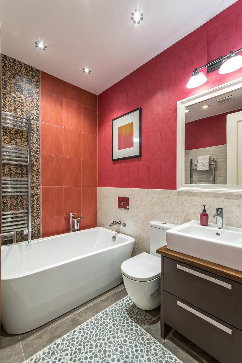 An accent wall adds drama and becomes a focal point in a hall bathroom.