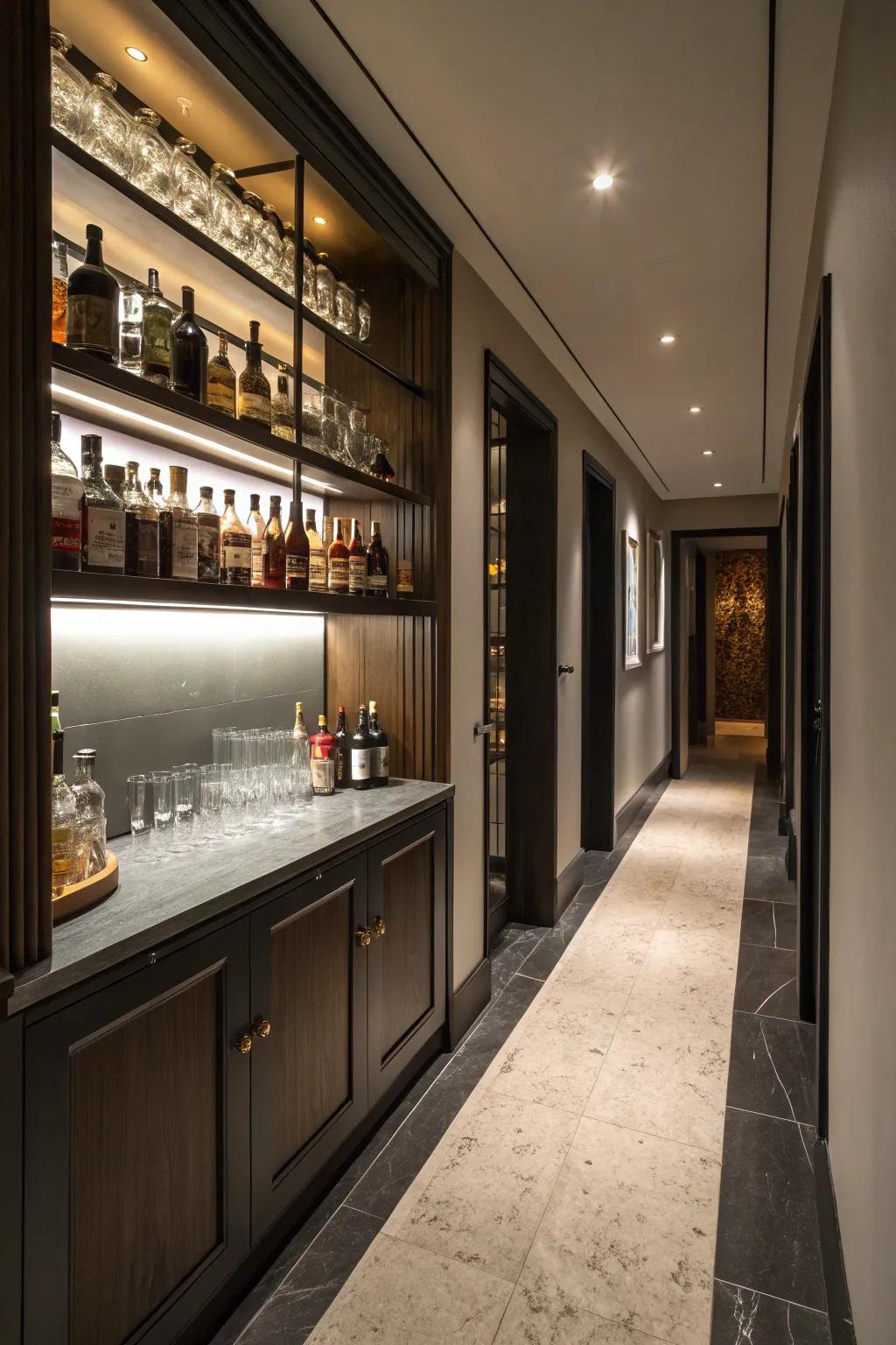 A hidden bar can be a pleasant surprise in your hallway.