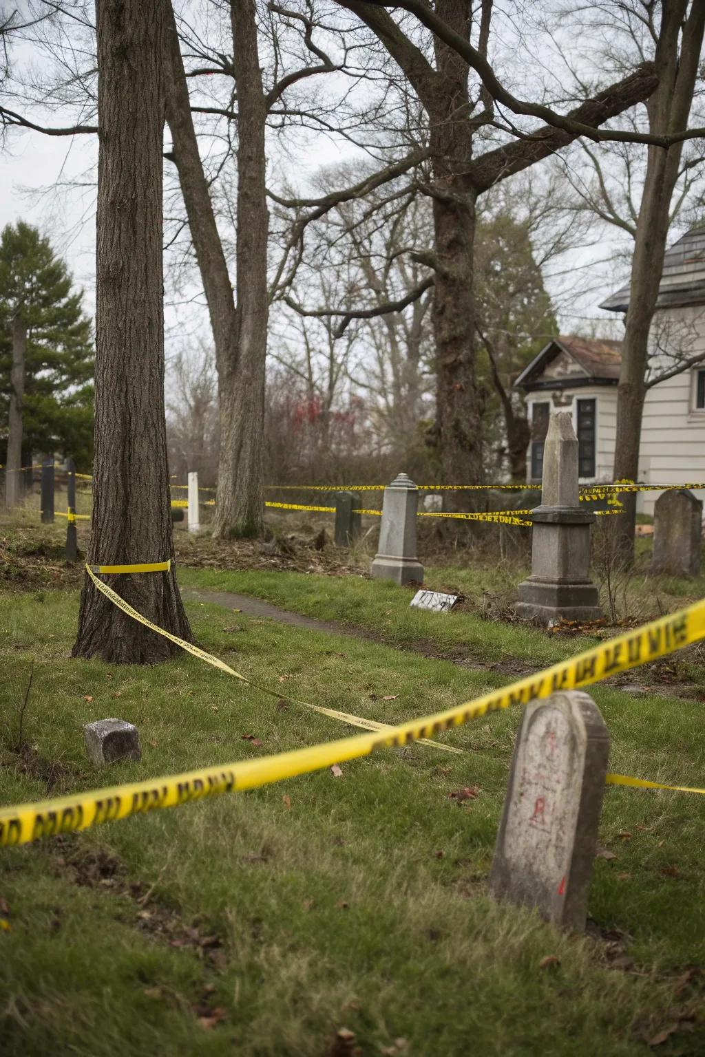 A spooky yard highlighted with warning ribbon and tombstones.