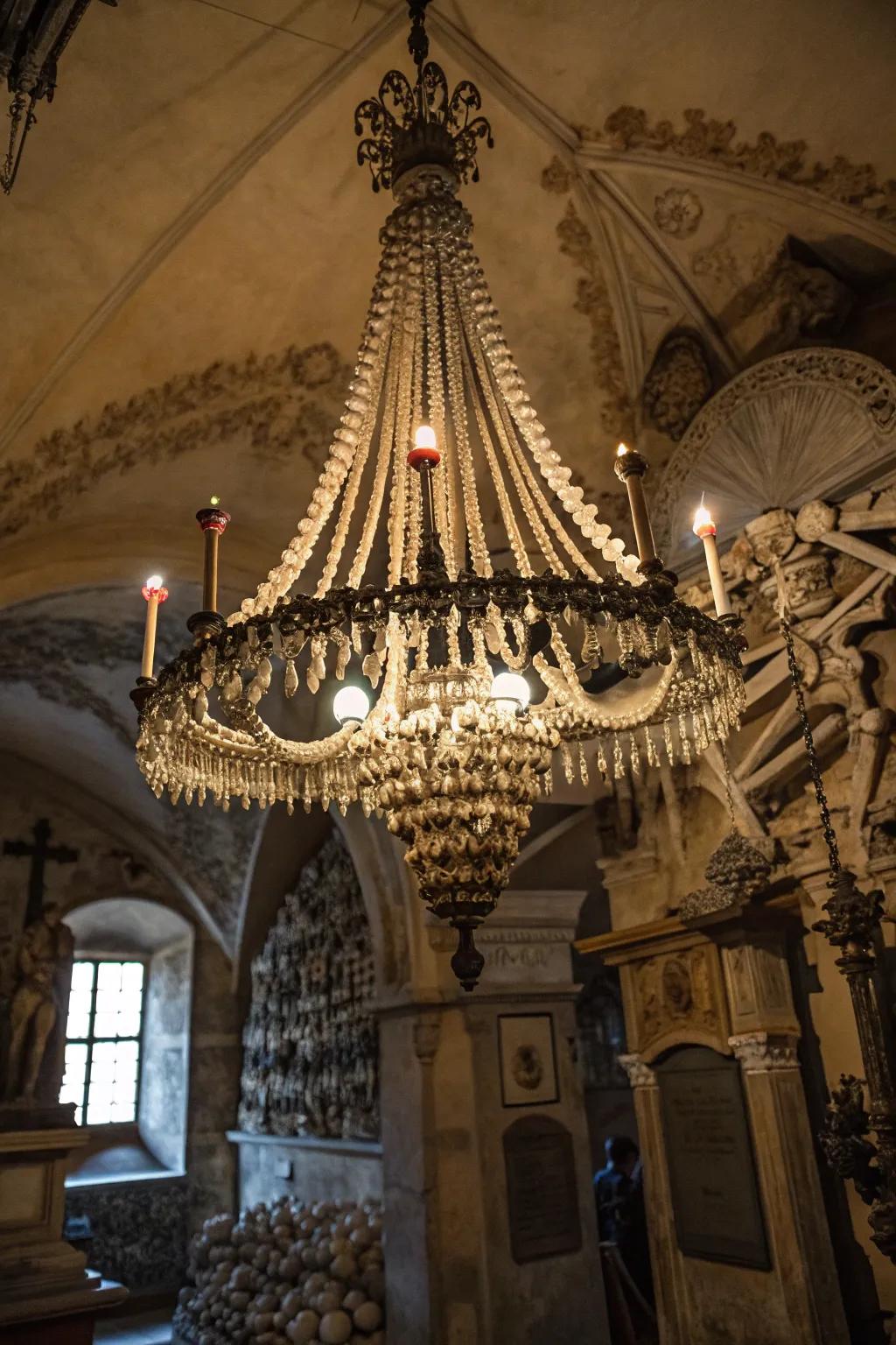 Skulls infuse a classic spooky element into your Halloween chandelier.
