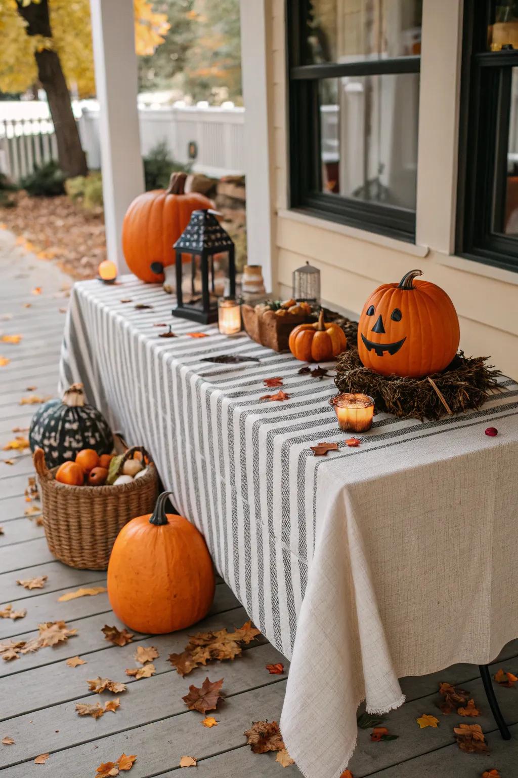 Linear textiles inject a hint of theatricality into this Halloween scene.