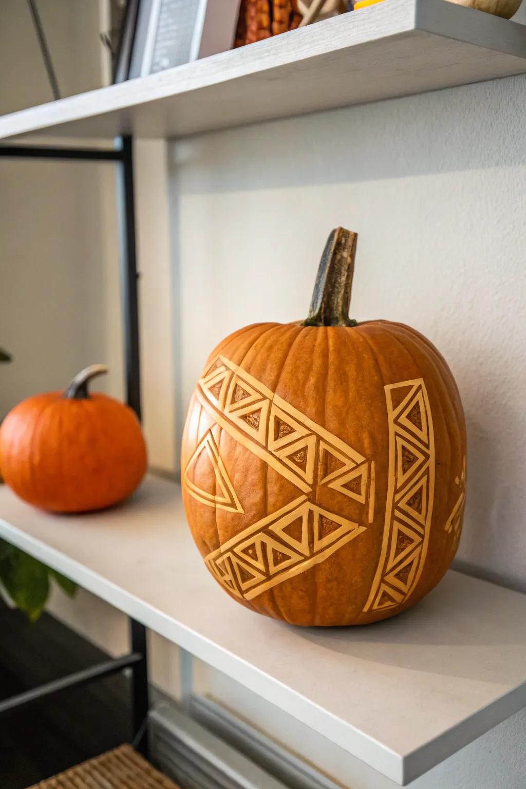 Abstract geometric patterns offer a contemporary twist on traditional pumpkin carving.