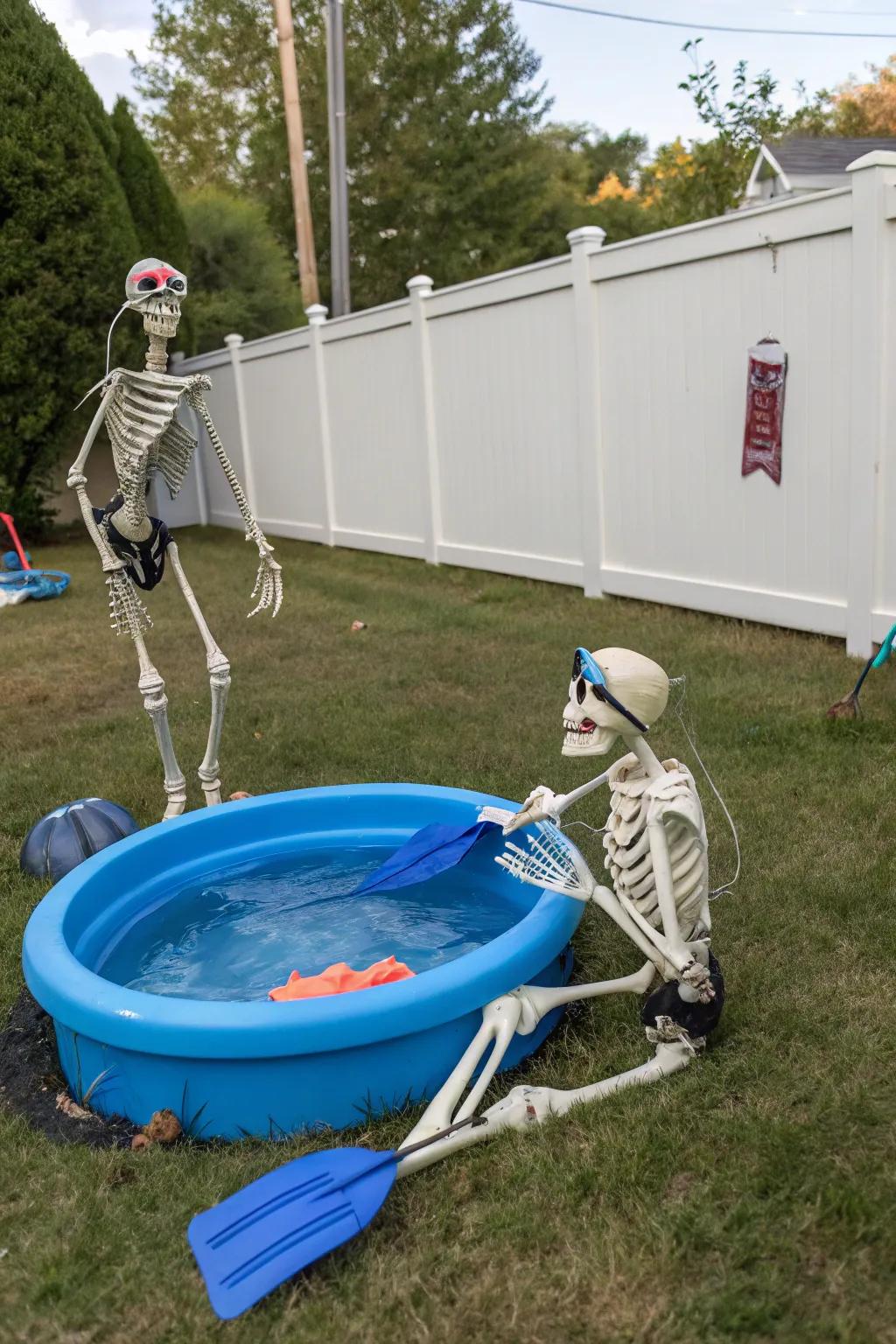 Snorkeling skeletons introduce a quirky beach vibe to your Halloween decor.