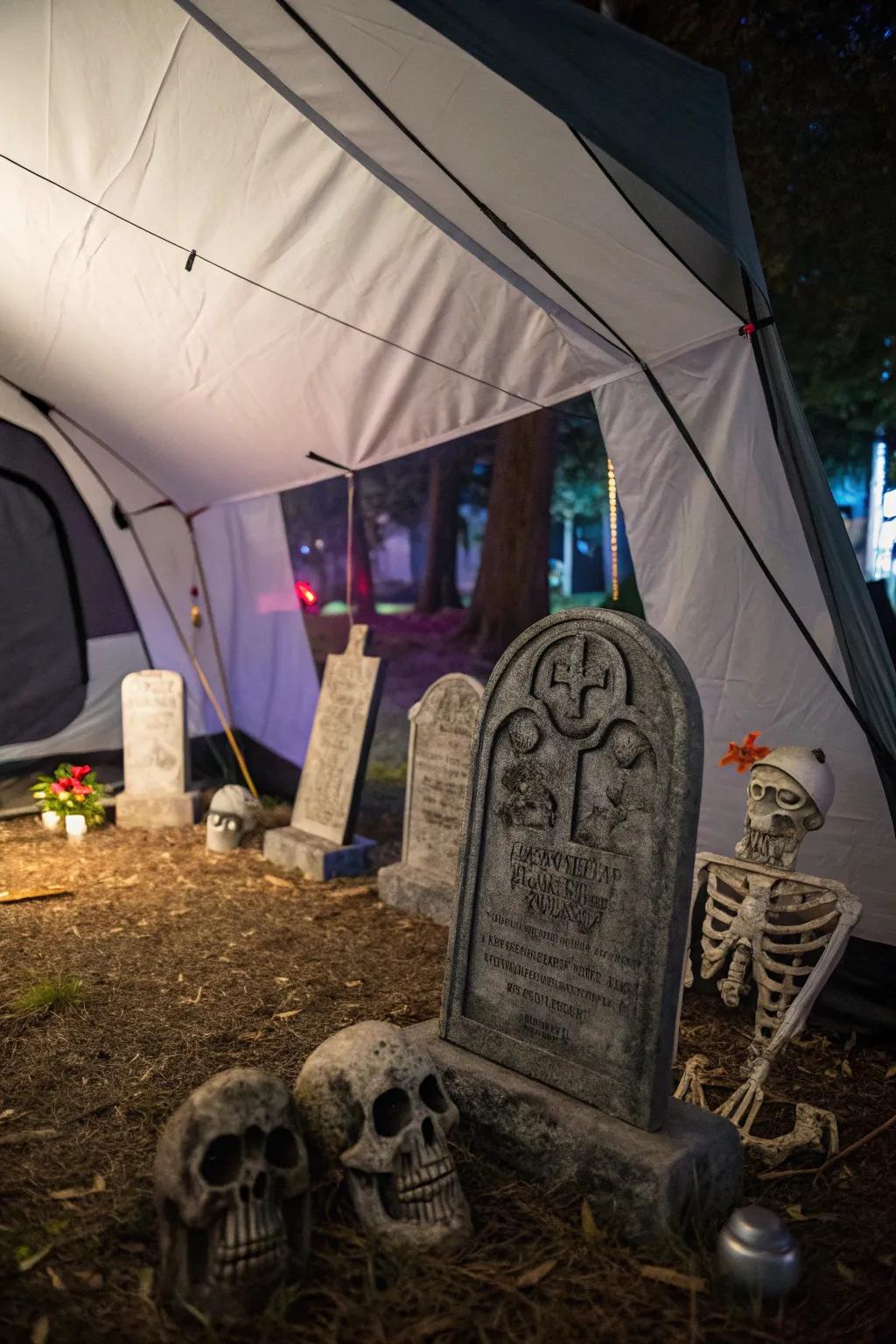 Evoke chills with a haunted graveyard setup inside your tent.