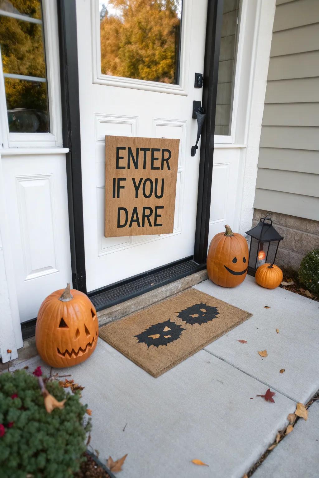 An adhesive film doorway mat establishes the Halloween mood from the doorstep.