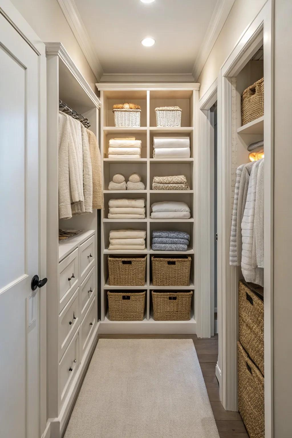 A textile section in a corridor closet highlighting nicely arranged racks.
