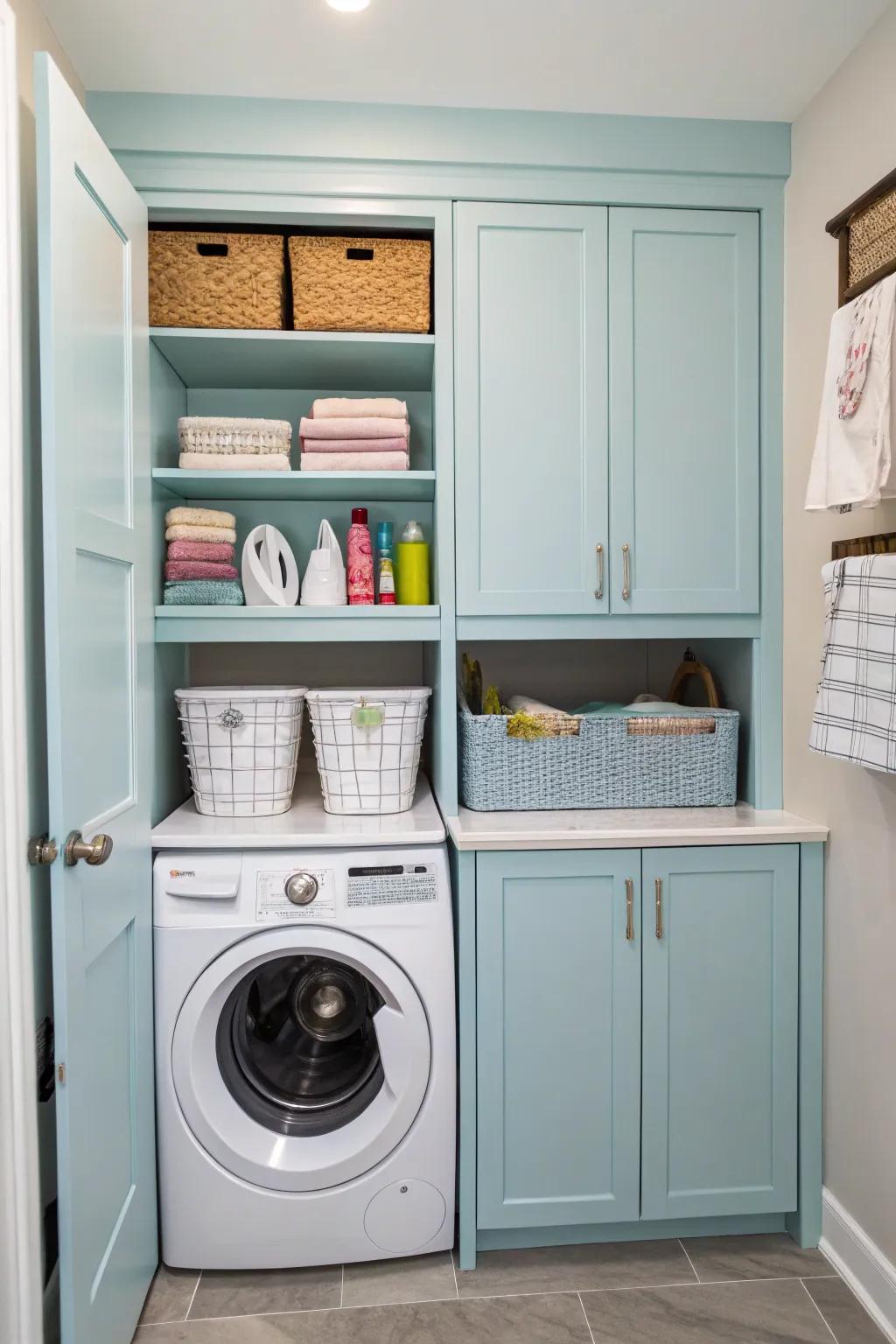 Soft blue storage add a refreshing feel.