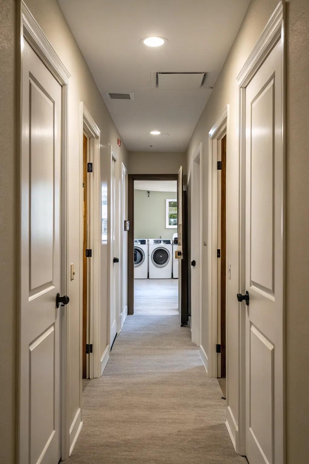 Sturdy core doors assist in sustaining a quiet ambiance by dampening washing room sound.