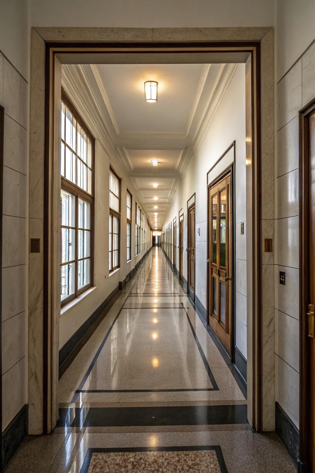 End-of-hallway mirrors give depth and drama.
