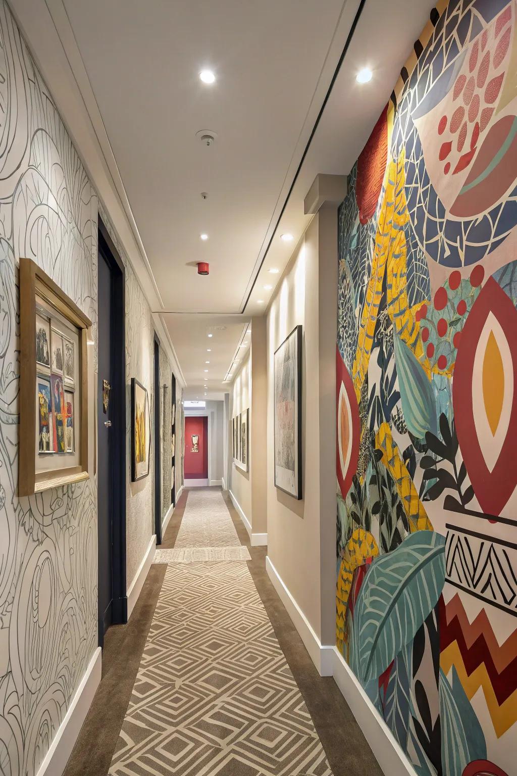 A corridor with striking, conceptual artistry adding flair.