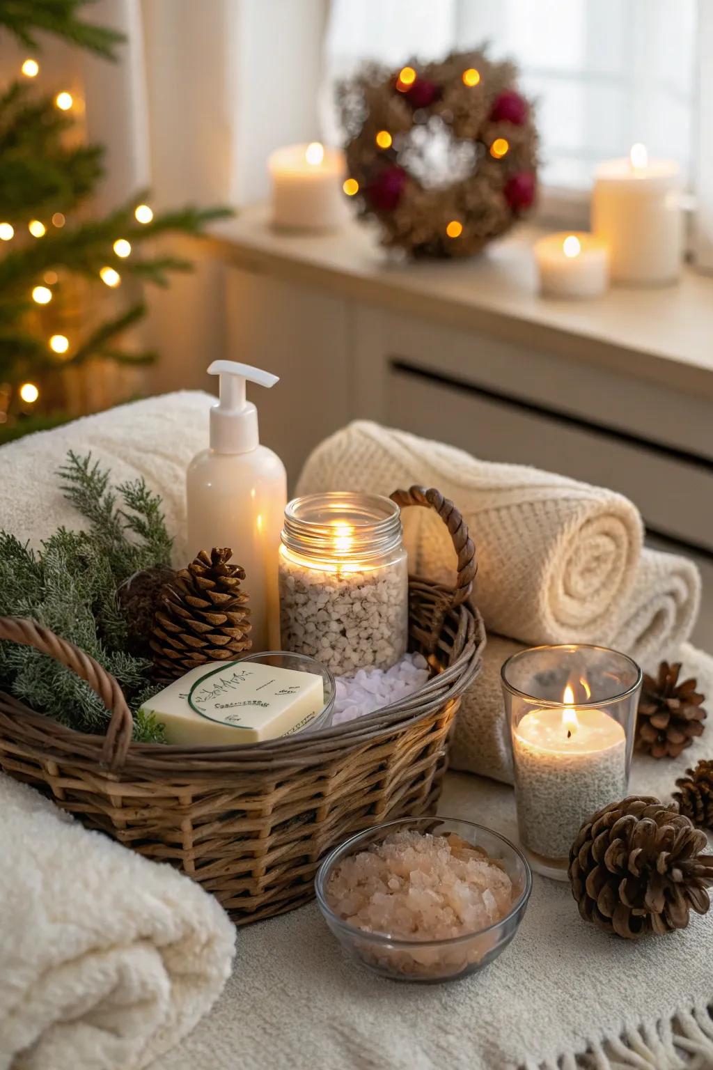 A themed basket showcasing hand soap and pampering treats