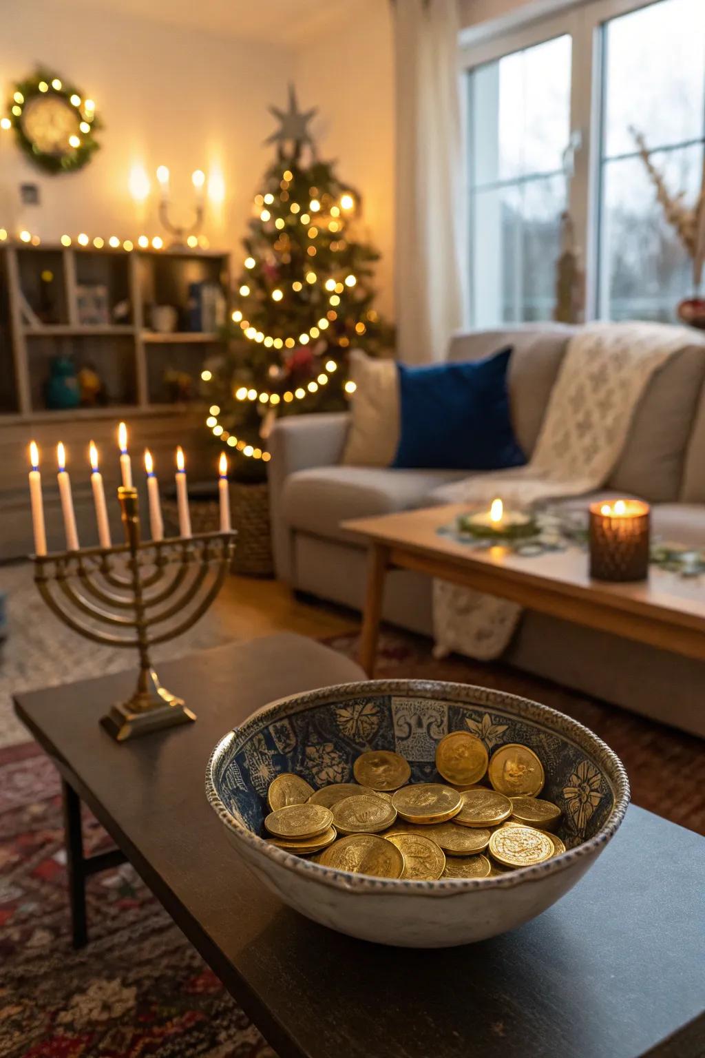 Sweeten your ornamentation using a chocolate coin display.