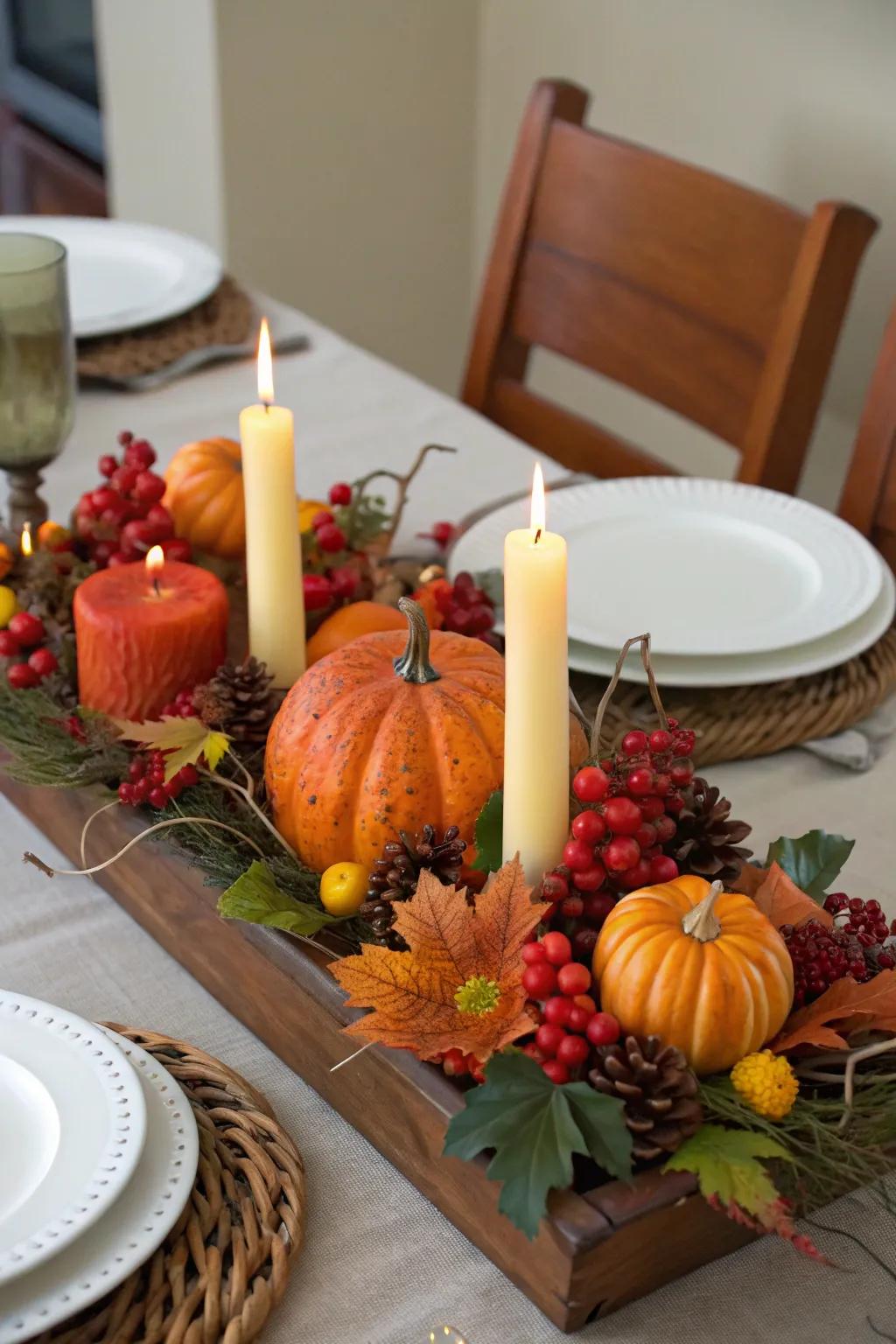 A striking harvest centerpiece featuring seasonal components.
