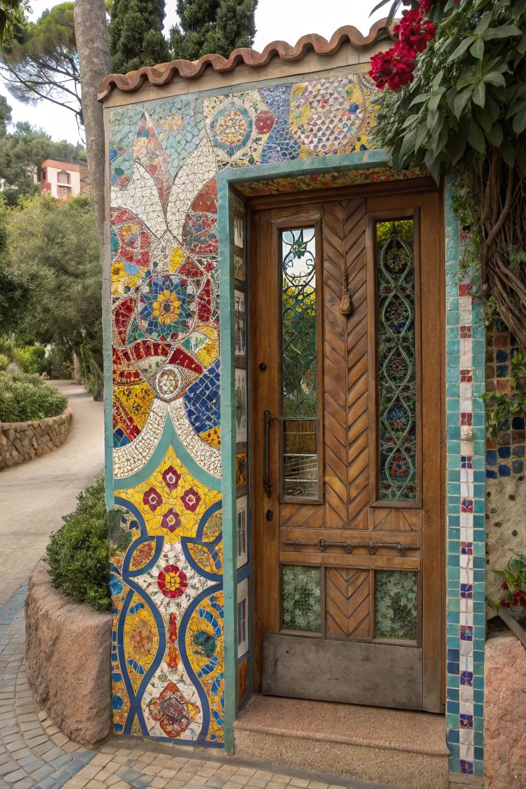 Mosaic tiles creatively conceal an exterior door.