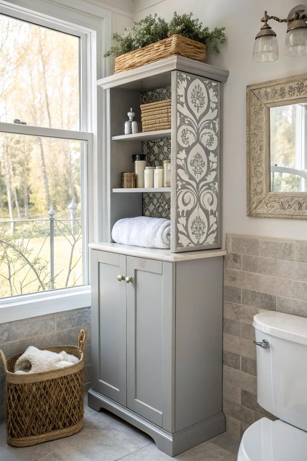 An ornamental rack revealing a hidden medicine cabinet.