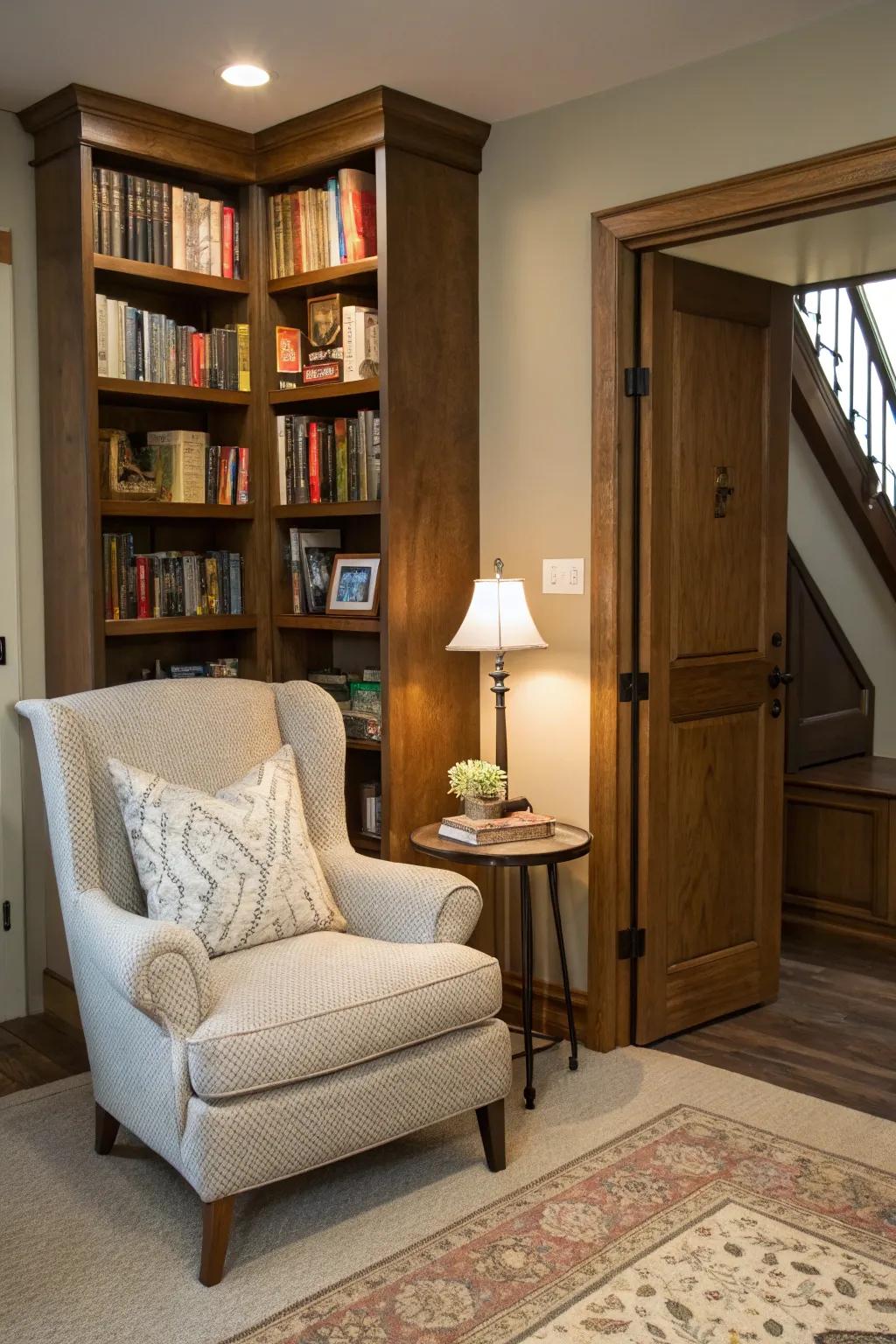Bookcase door exposing hidden storage
