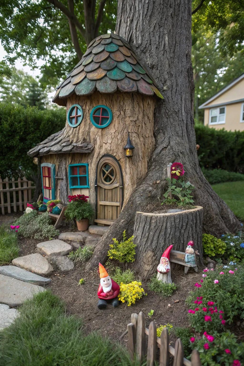 A gnome's home crafted from a tree stump brings whimsy to the garden.