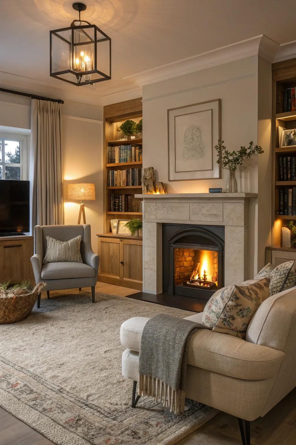 A living room centered around a welcoming fireplace.