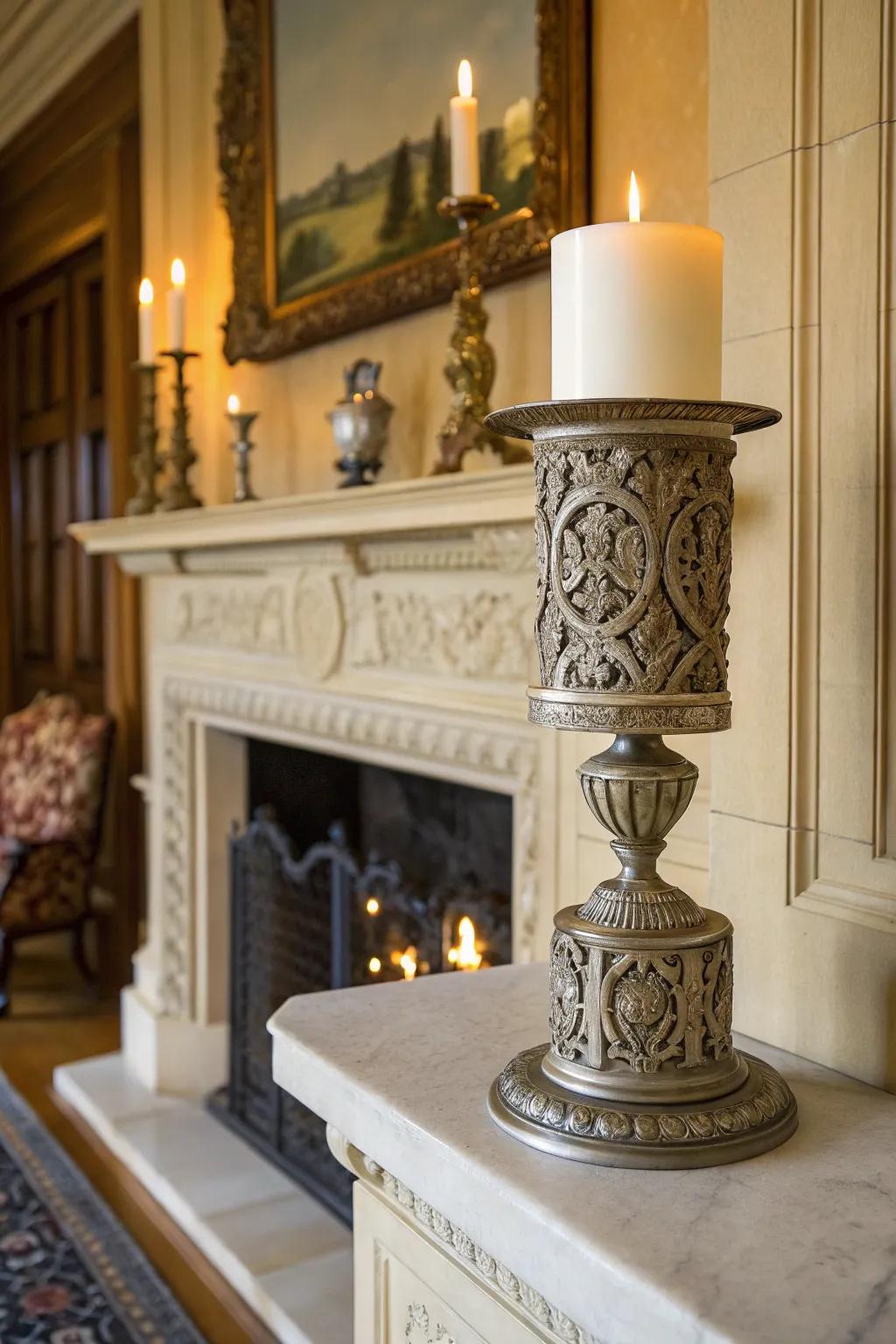 A beautifully crafted candle holder that adds charm to the mantelpiece.