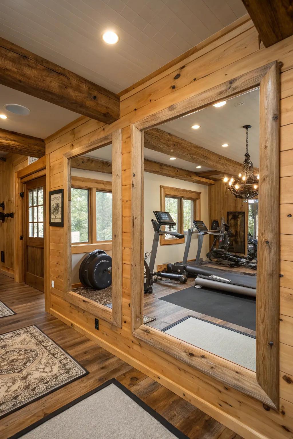 Wood framing adds rustic charm to this home gym.
