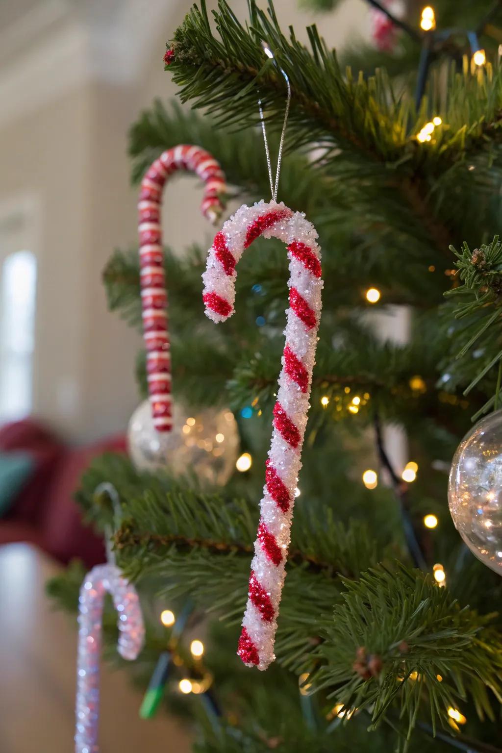 Shimmering crystal cane adornments appending a distinctive impression to the festive tree.