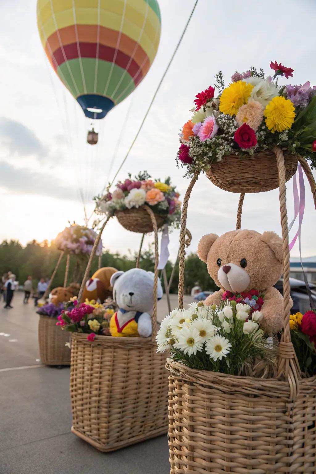 Wicker containers creatively utilized as ornamental hot air balloon components.
