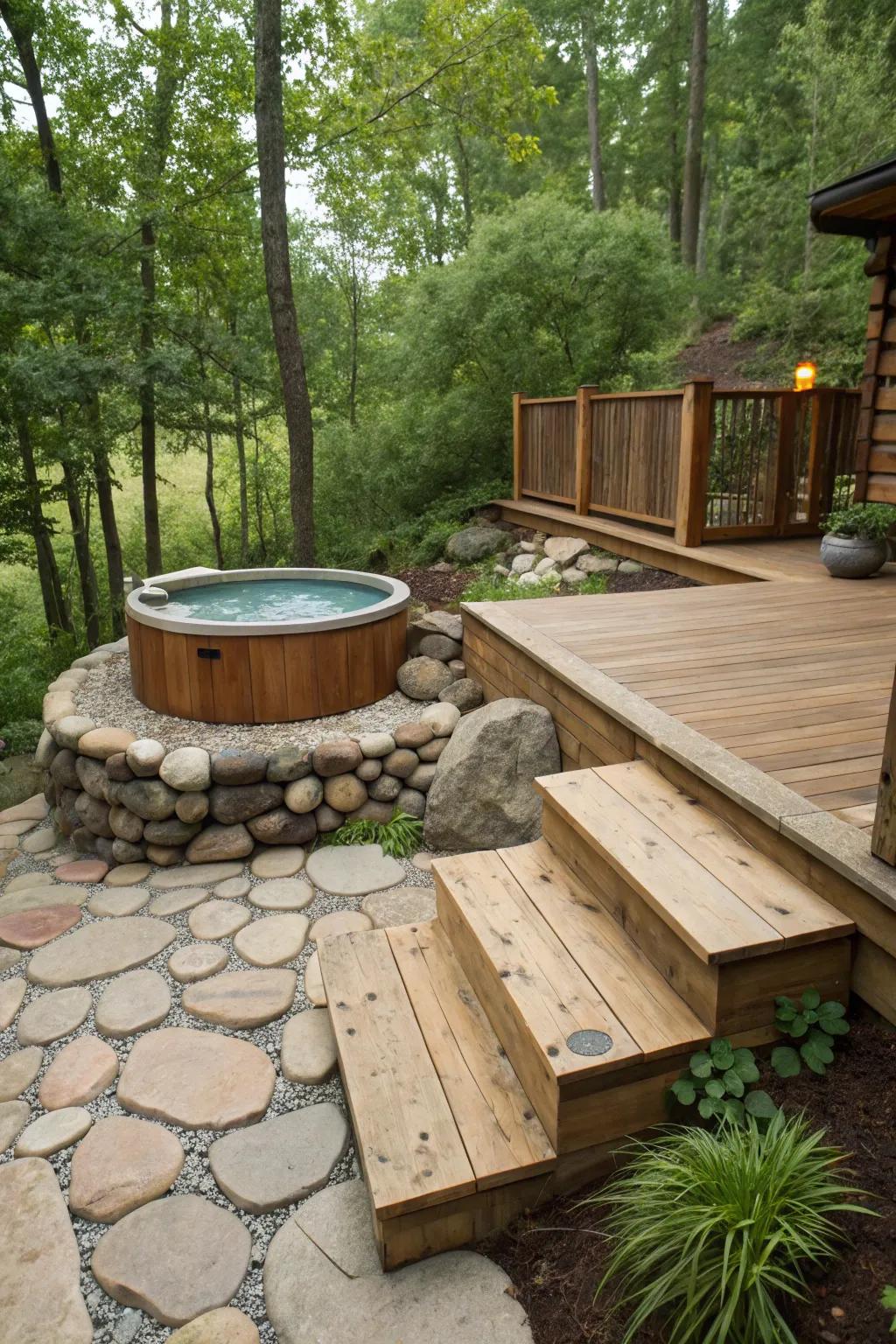 Rustic charm, featuring stone and wood, crafts a cozy atmosphere.