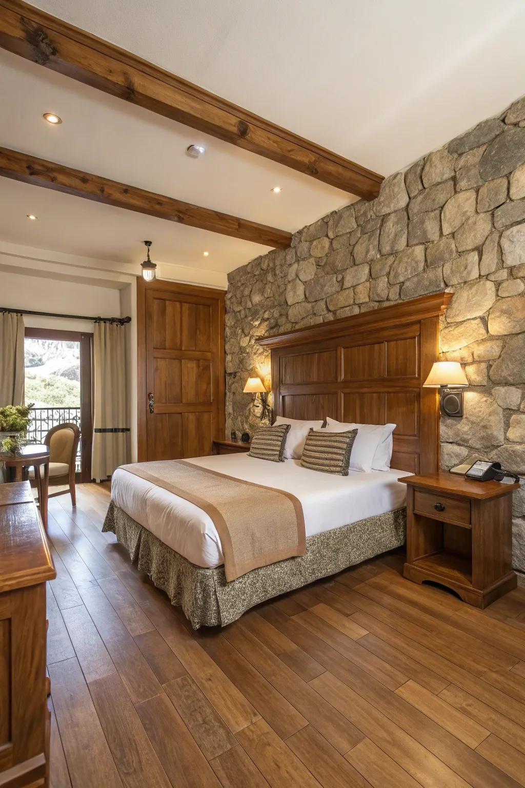 Organic elements generate warmth and authenticity in hotel room layouts.