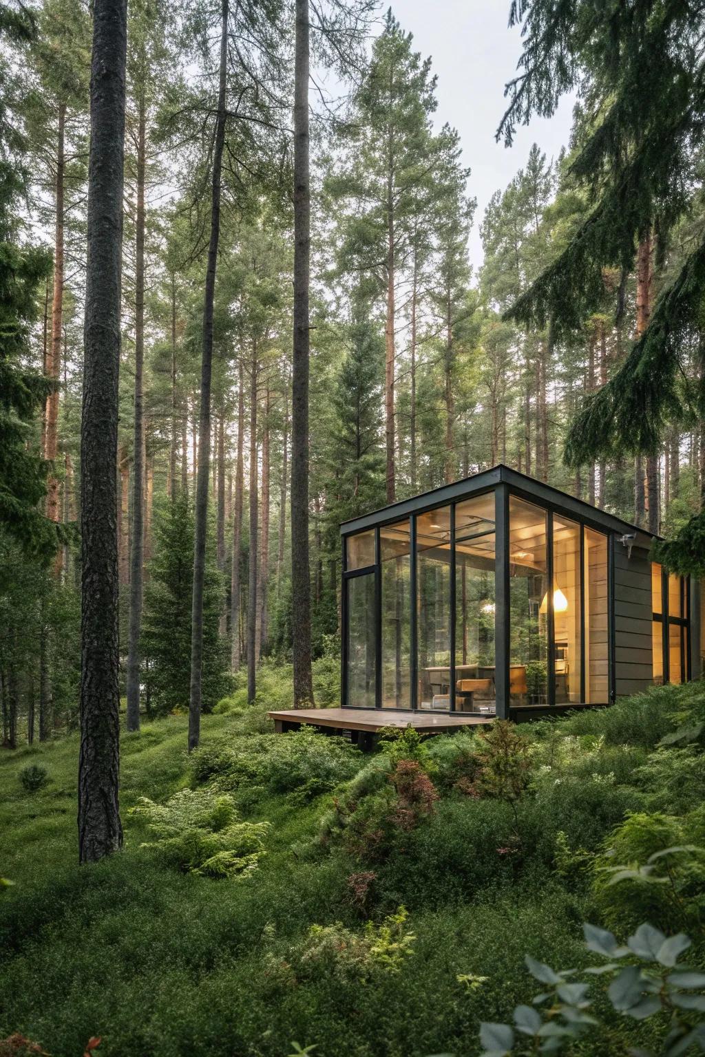 A transparent cabin displaying sweeping vistas of the forest.