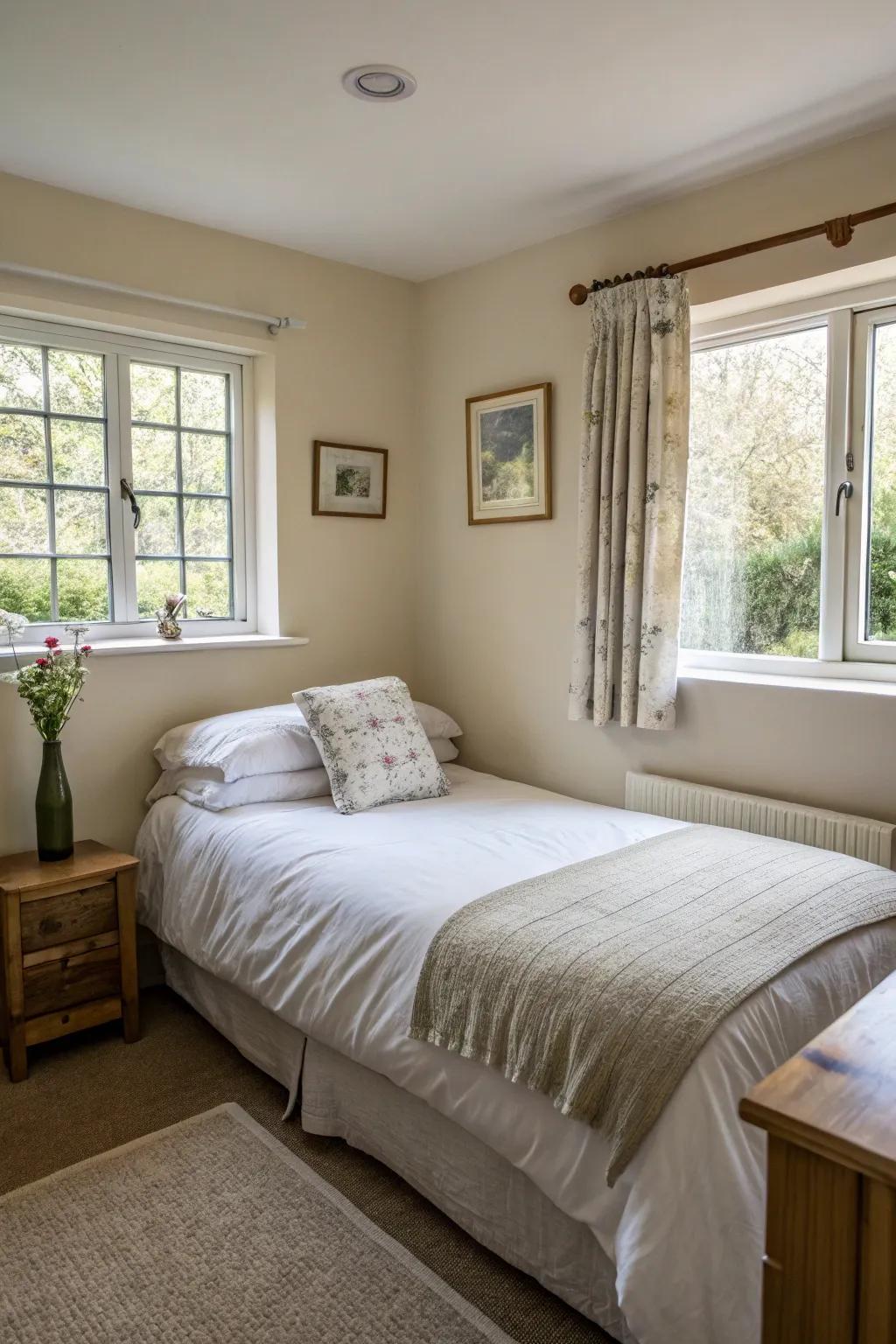 A small bedroom with well arranged, basic bedding to create an inviting feel.