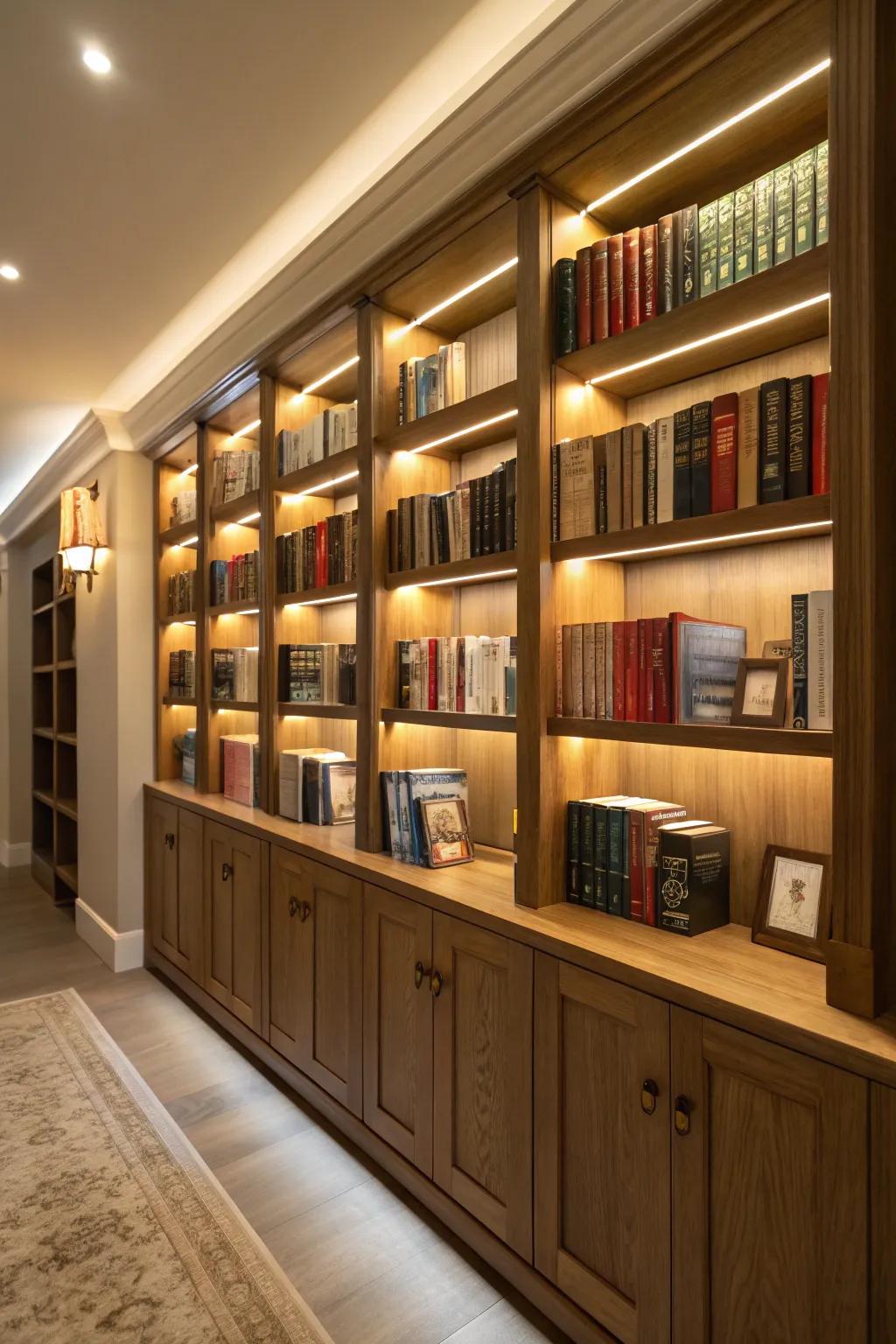 Well-lit bookshelf with integrated lighting.