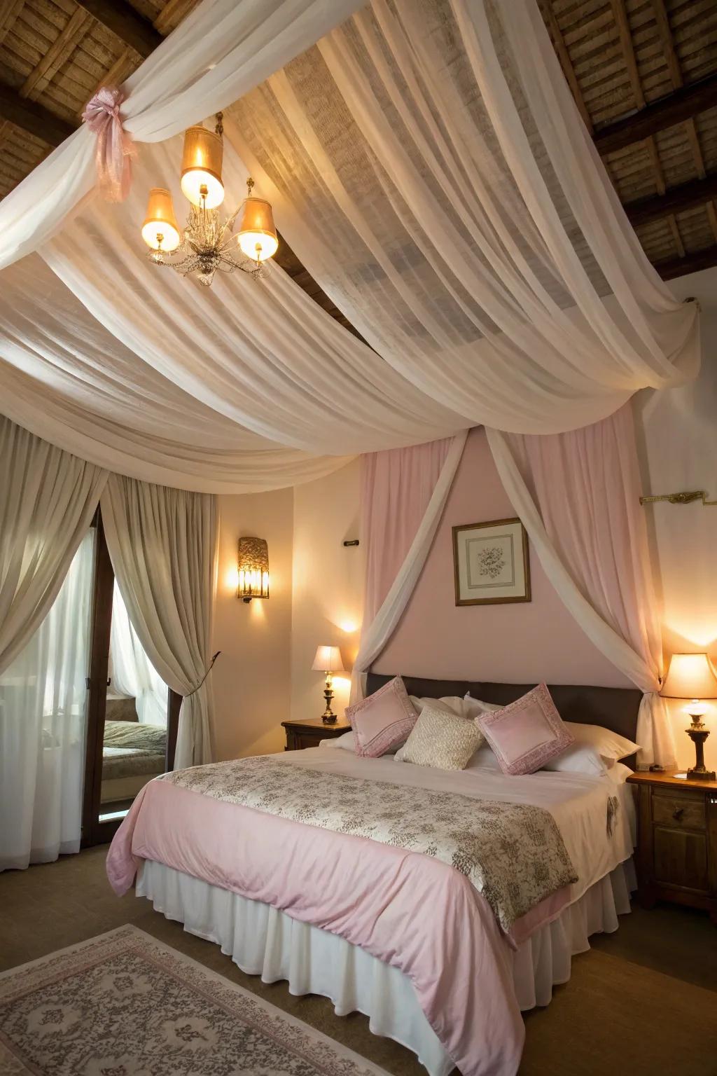 A romantic bedroom with fabric draped elegantly across the roof.