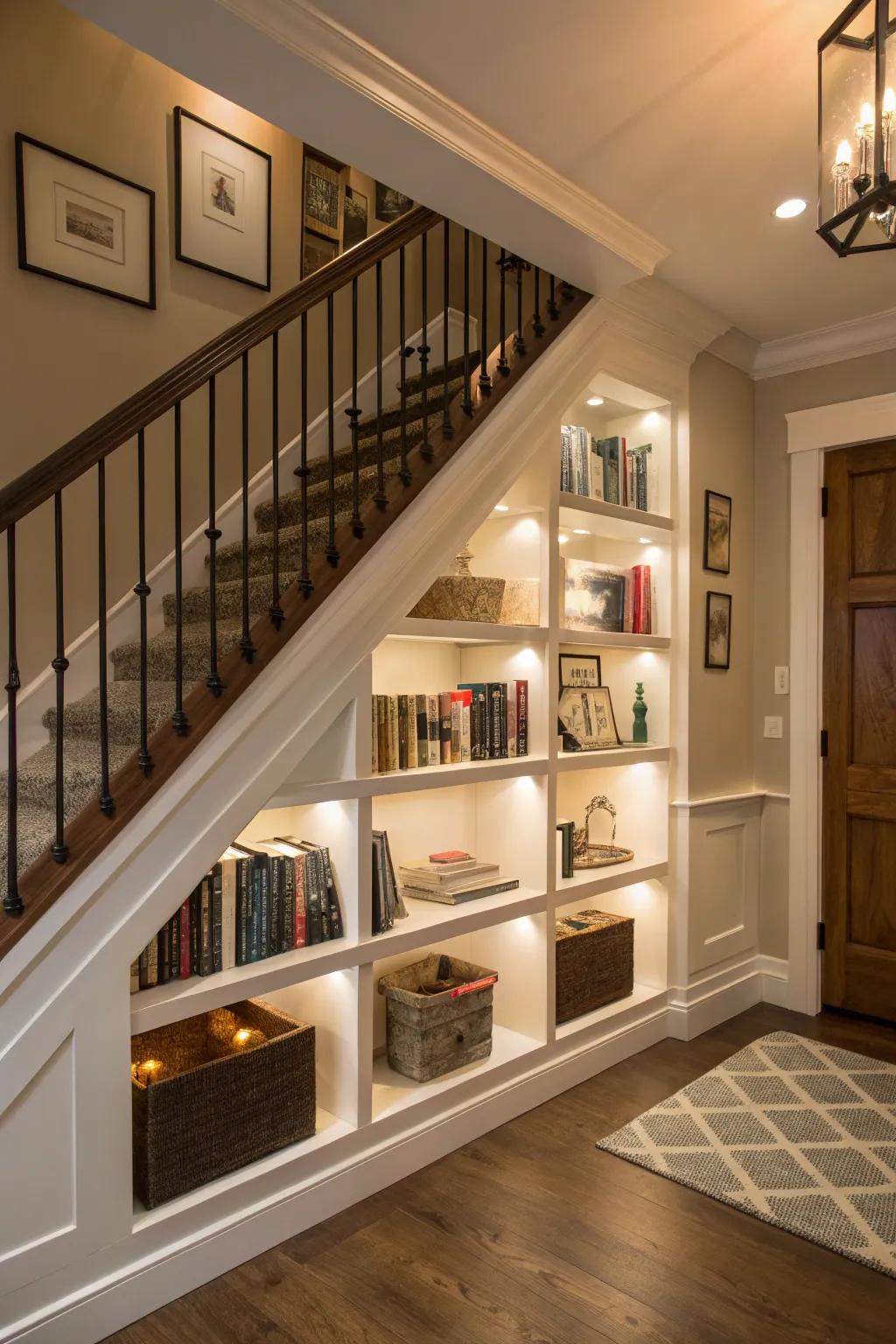 A creative use of space under the stairs for a small library.