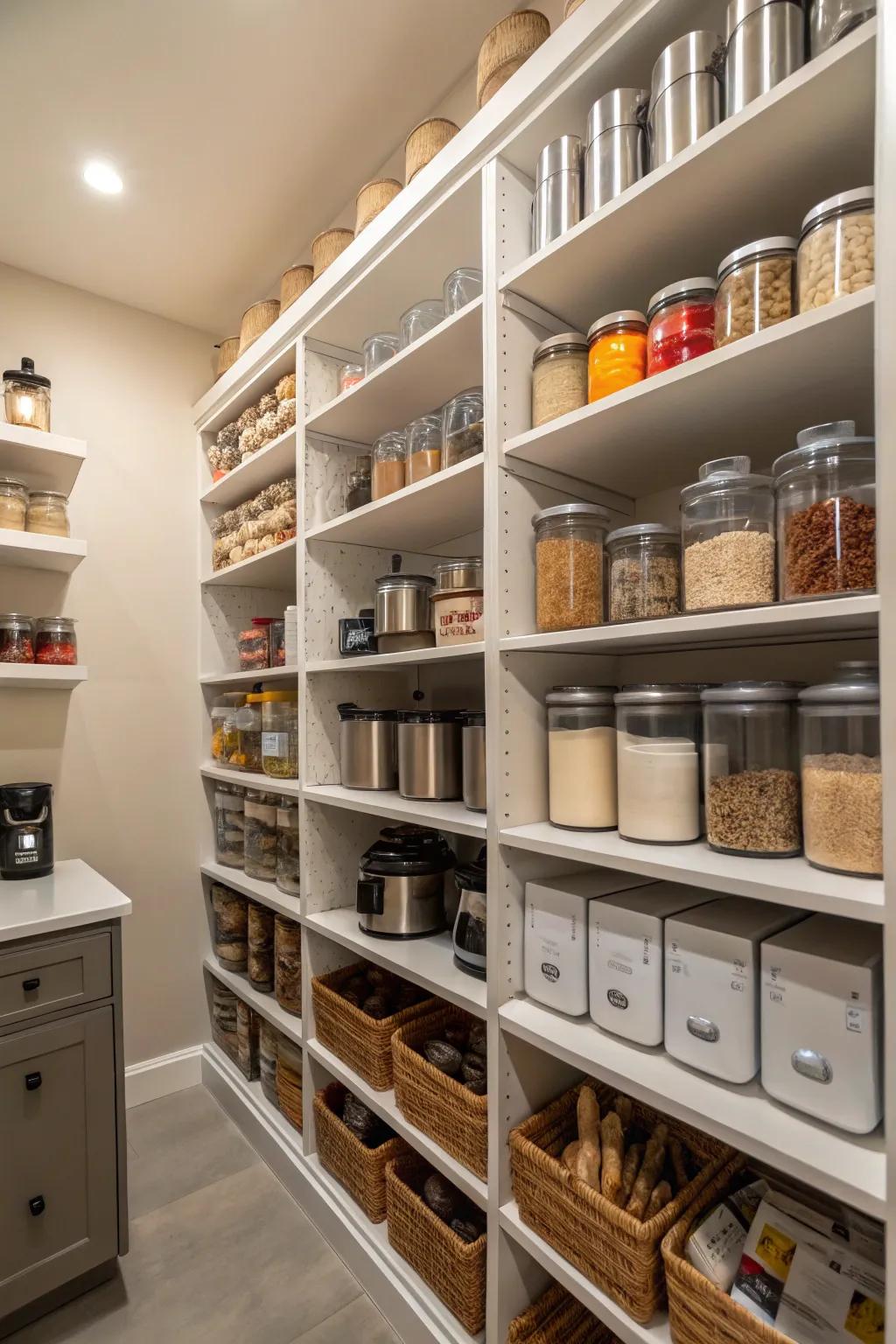 Tall shelves make use of vertical area for storing appliances.