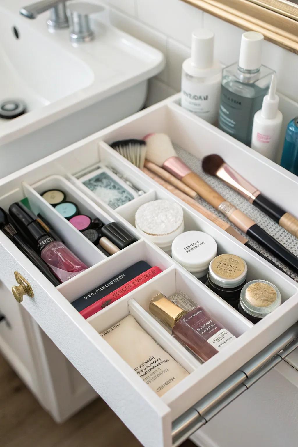Bathroom drawer featuring separators, creating organized areas for cosmetics and tools.