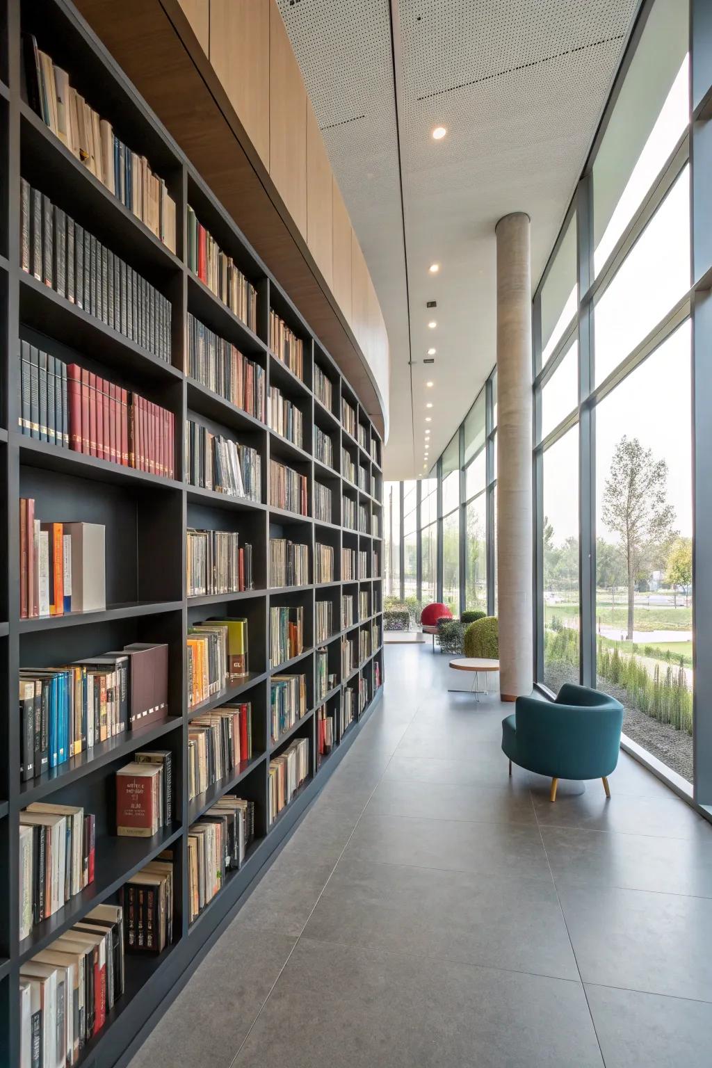 Full-wall shelving crafts a striking library aesthetic