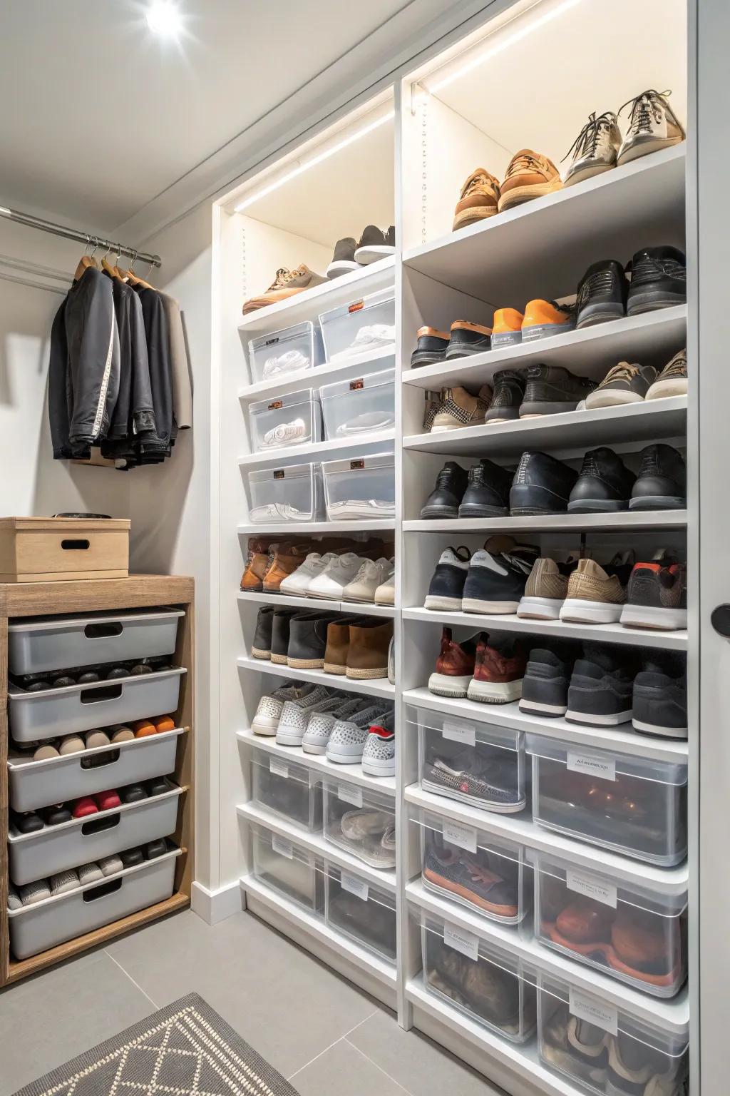 Stacking structures help maximize space for items like shoes.