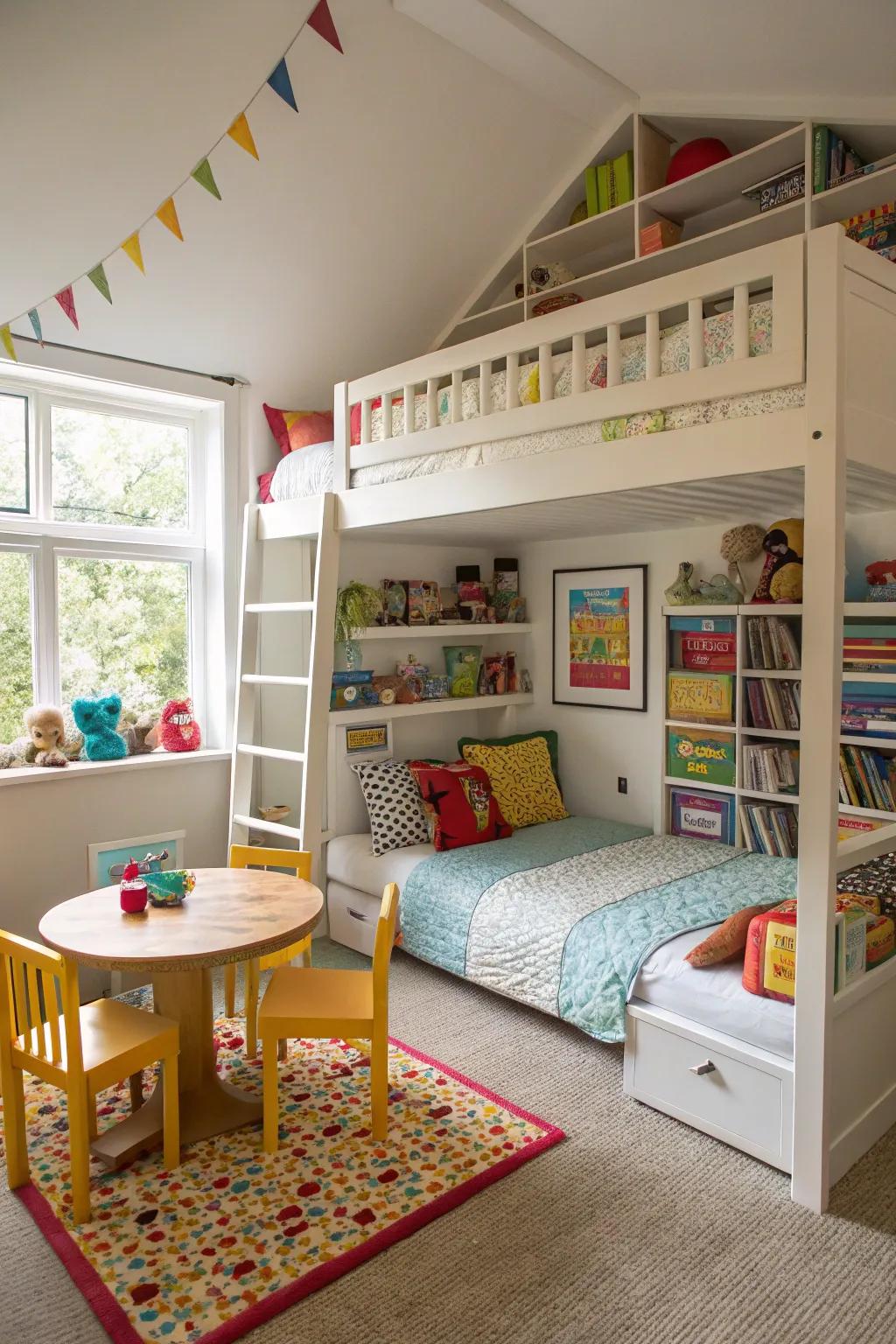 Loft beds create additional space in small rooms.