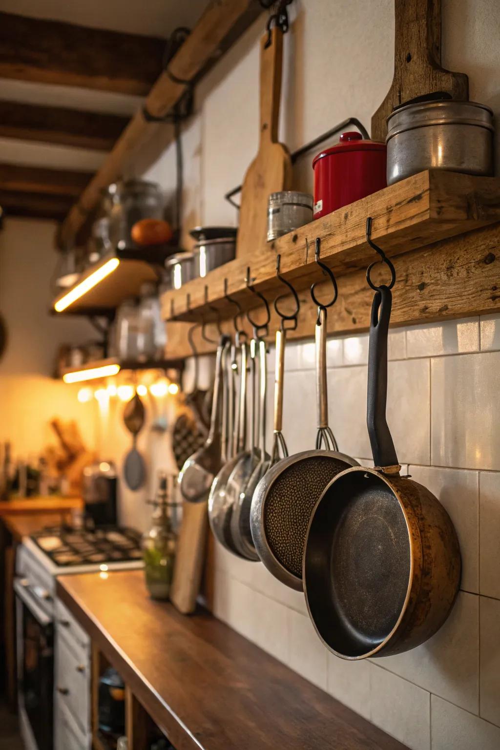 Cookware rack serving as both storage and decoration.