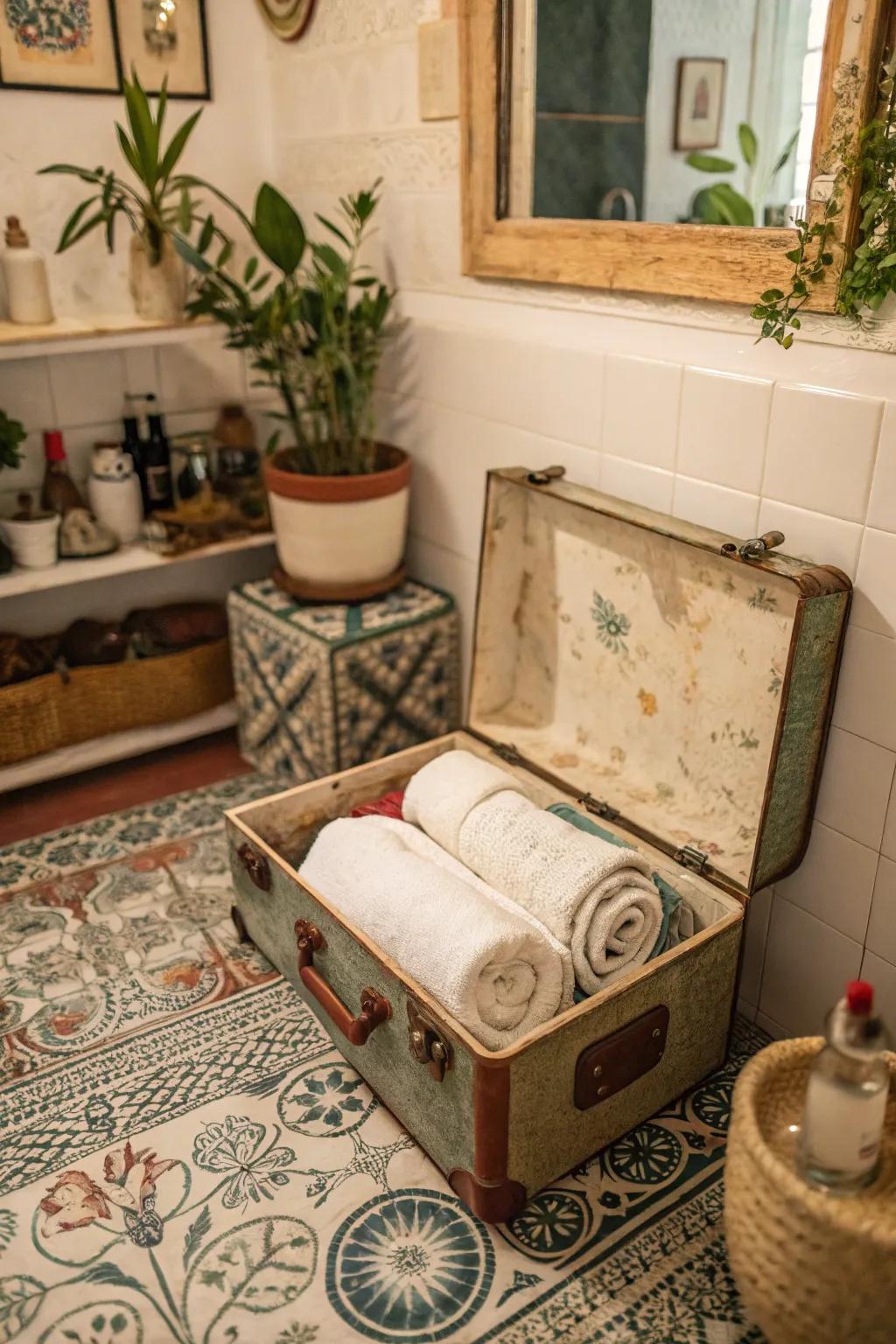 A vintage suitcase adds charm and function to towel storage.