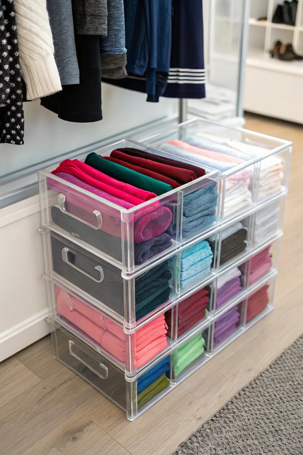 Achieve a minimalist design with see-through acrylic boxes for your leggings.