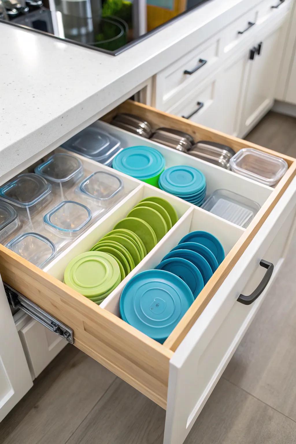 A kitchen drawer featuring tension rods to organize plastic lids.