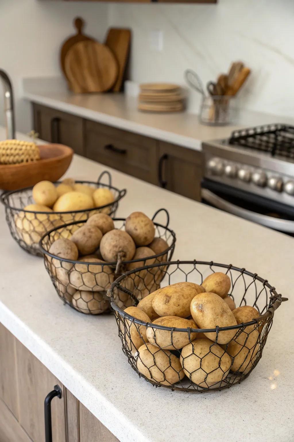 Chic wire baskets keep spuds stylishly arranged.