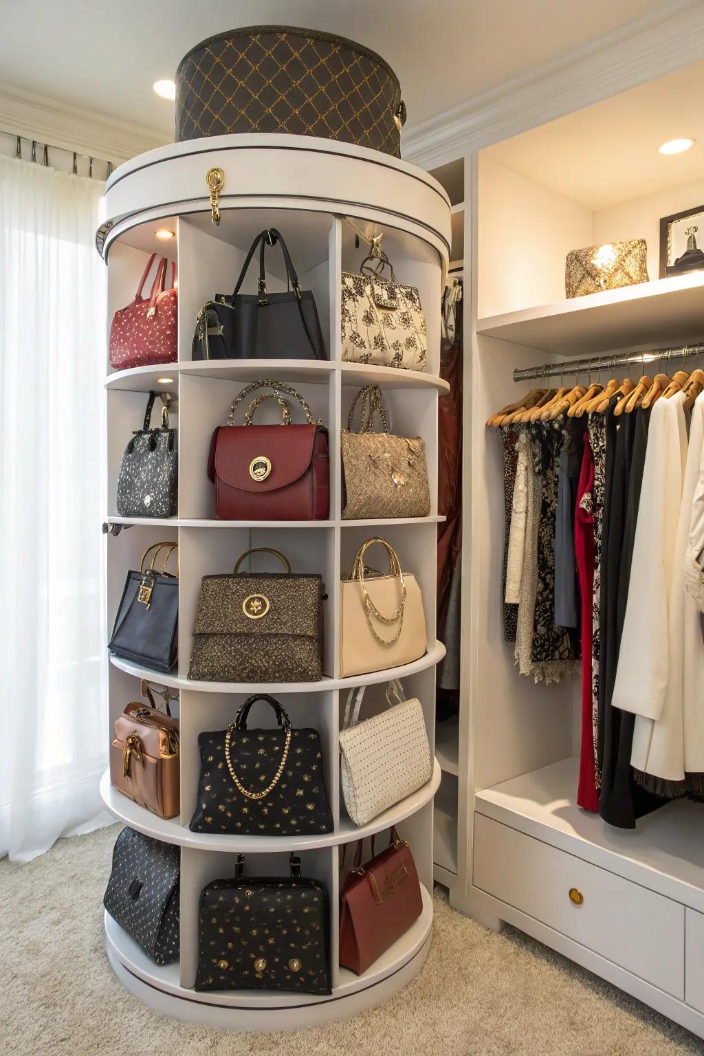 A rotating closet organizer offering easy access to a well-organized handbag collection.