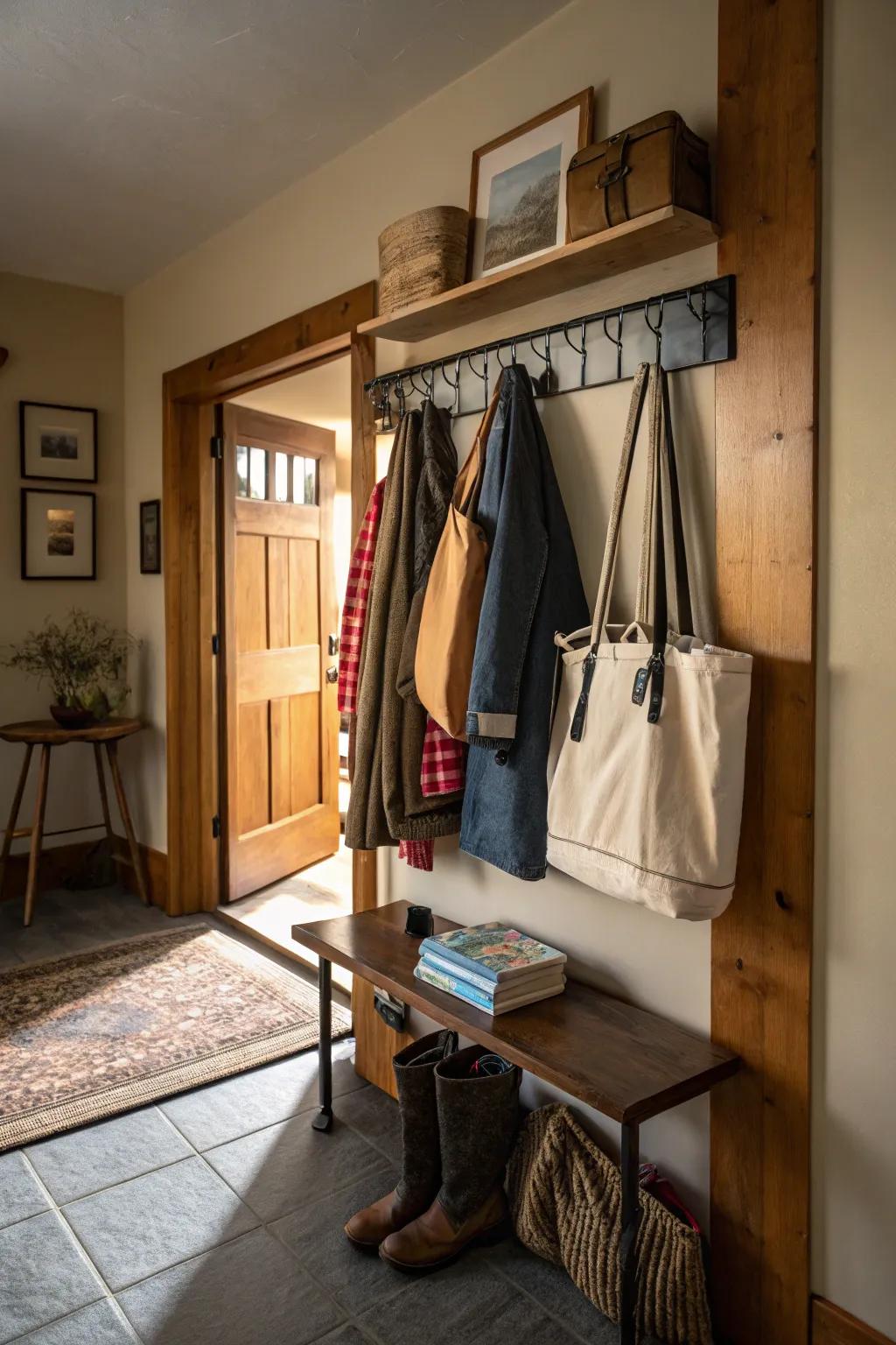 A garment rack provides a versatile storage solution for totes.