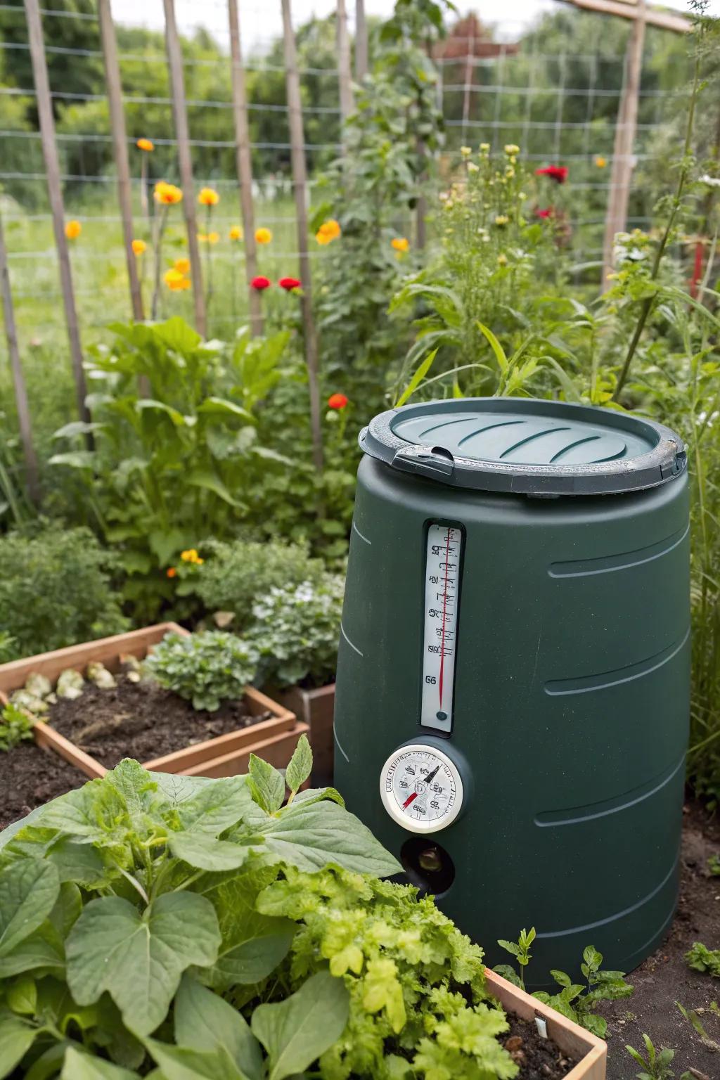 A compost bin with a thermometer that provides details into the composting procedure.