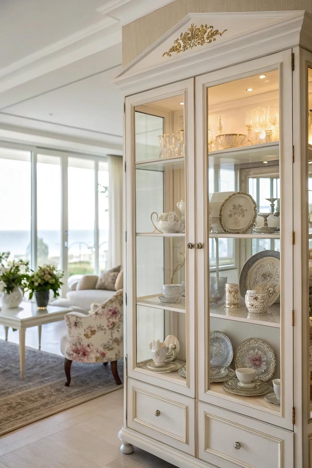 Elegant glass doors convert this hutch into a striking display case.