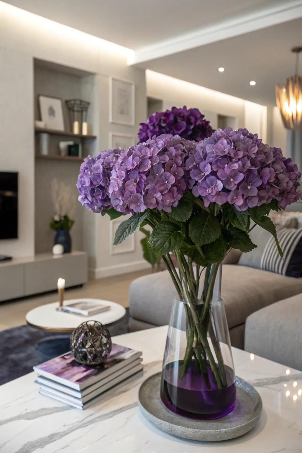 A striking unified tone display of purple hydrangeas.