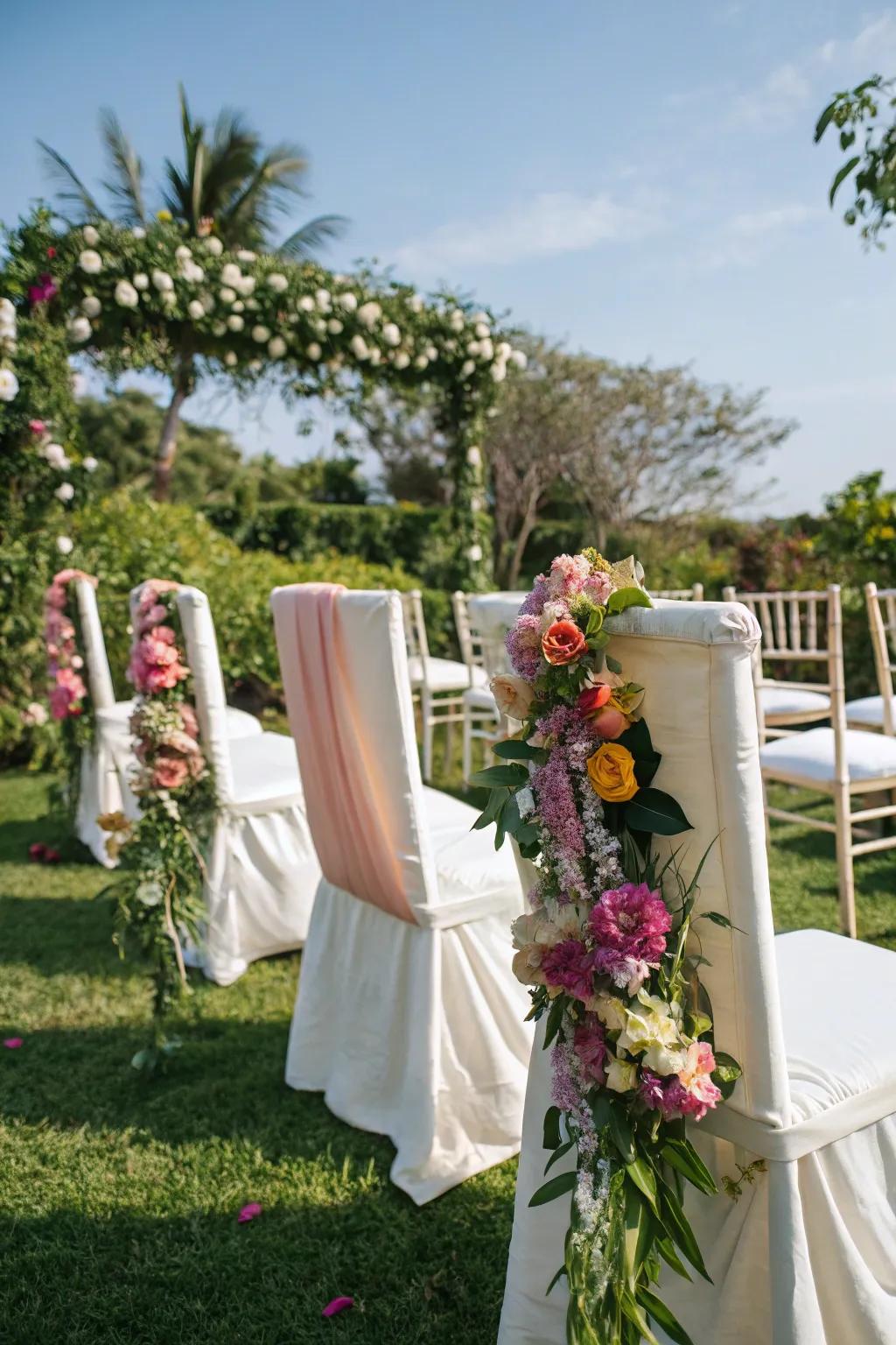 Fresh and vibrant flower-accented seating covers.