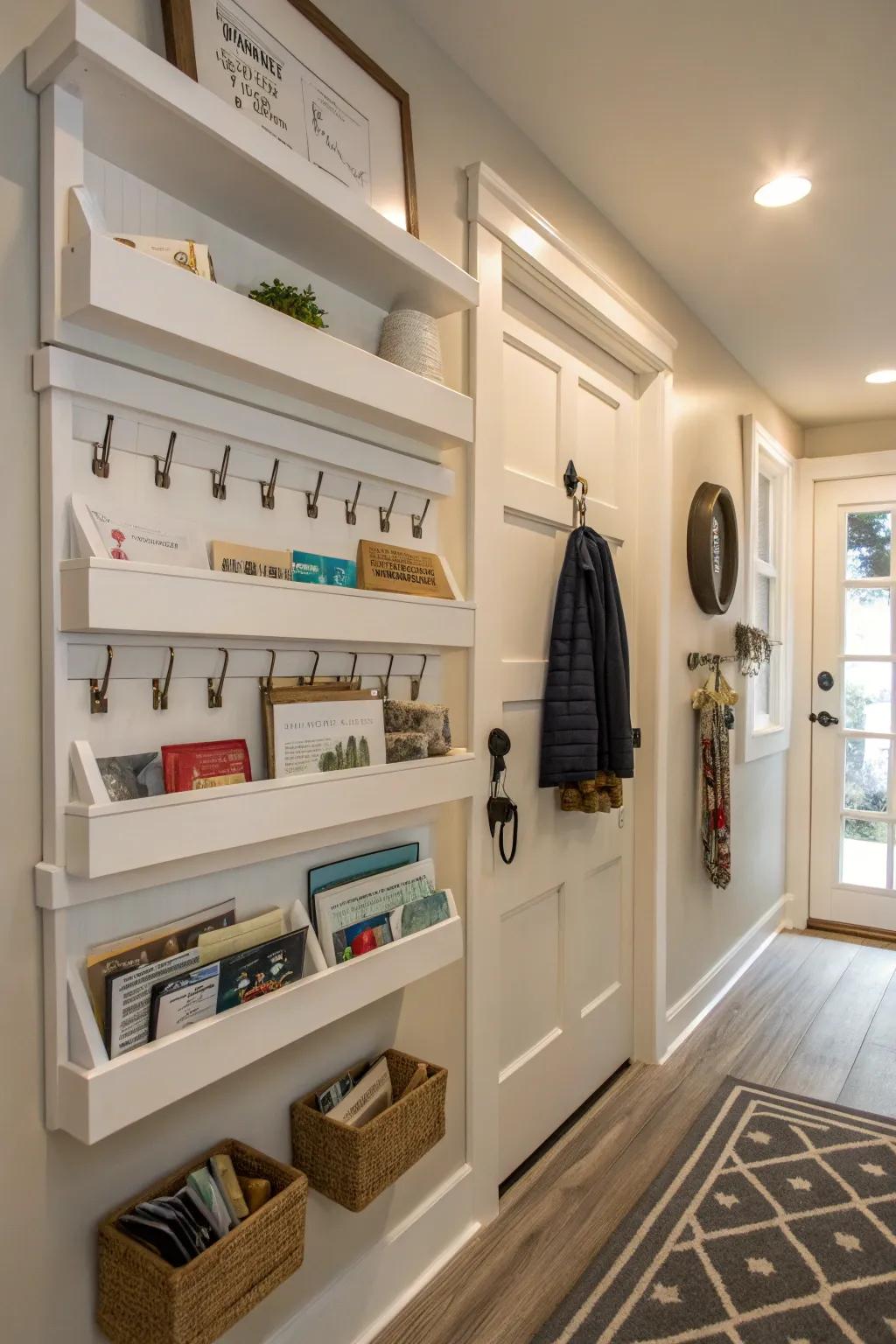Maintain a tidy and stylish entryway with in-wall shelves.